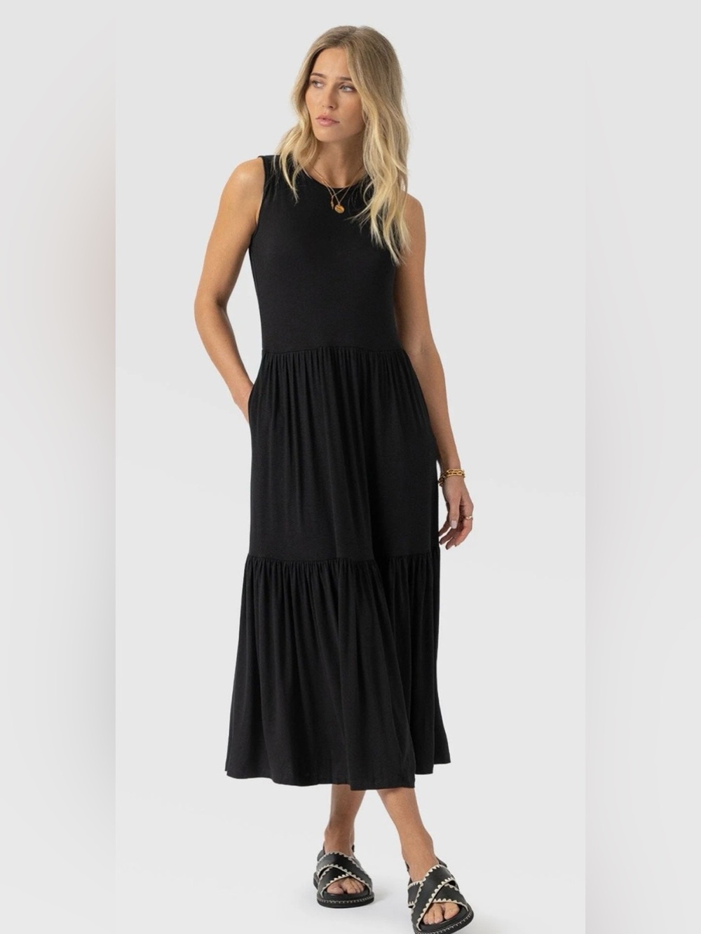 Saint & Sofia Greenwich Sleeveless Black JerseyTiered Midi Dress Size 12
